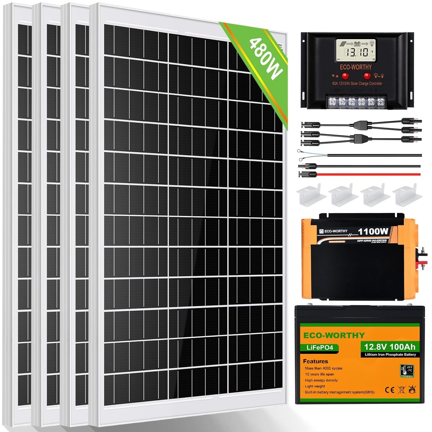 ECO-WORTHY Kit Panneau Solaire avec Batterie 480 Watt hors réseau : 4 panneaux solaires+100Ah batteries au...