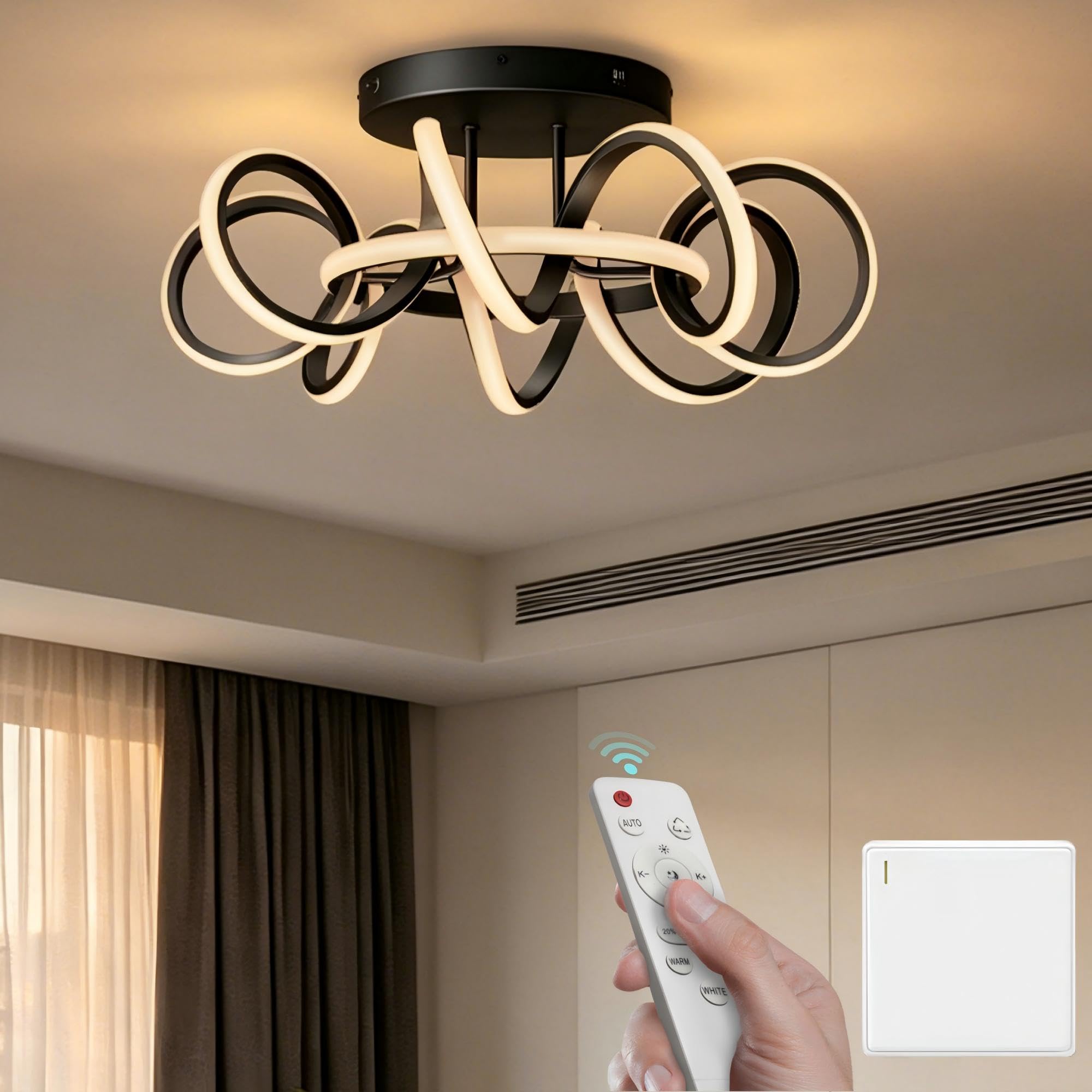 Deckenlampe 58cm, dimmbar, LED Deckenleuchte mit Fernbedienung | 3000-6400K, 112W Schwarz,Moderne,für Schlafzimmer, Wohnzimmer, Kinderzimmer, Nuvora06