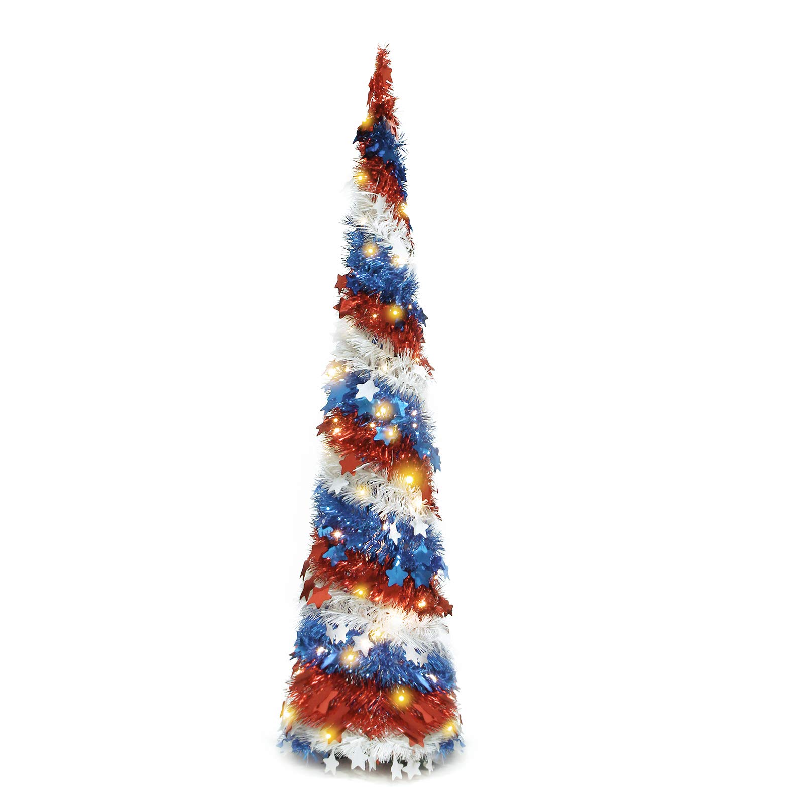 RoseCraft5FT American Flag Tinsel Pull Up Tree, Used for 4th of July Decoration, Patriotic Home Decoration to Celebrate Independence Day, Suitable for Holiday Christmas Thanksgiving Party.