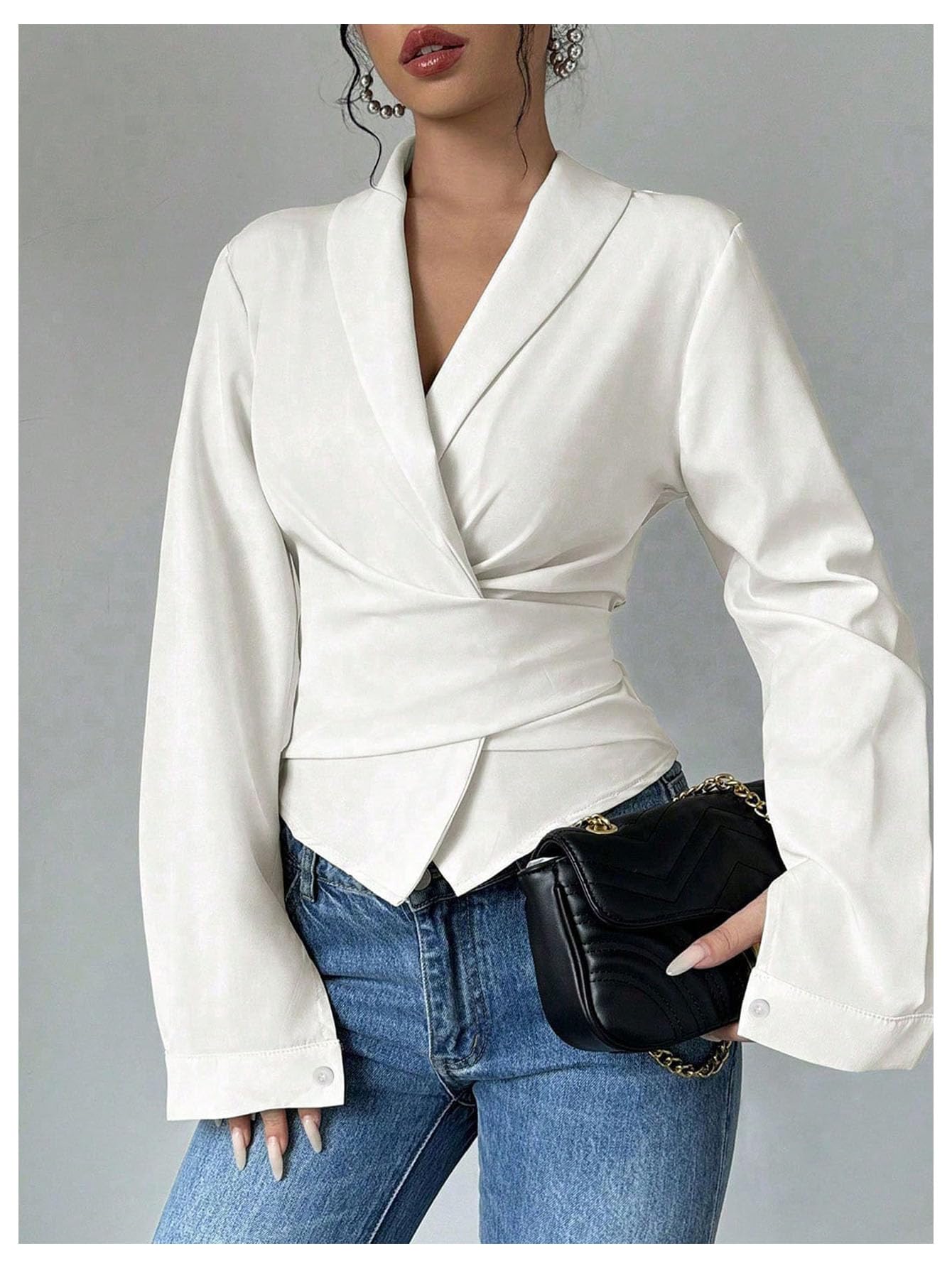 Floerns Women's Elegant Shawl Collar Shirts Long Sleeve Wrap Tie Back Work Blouse Tops