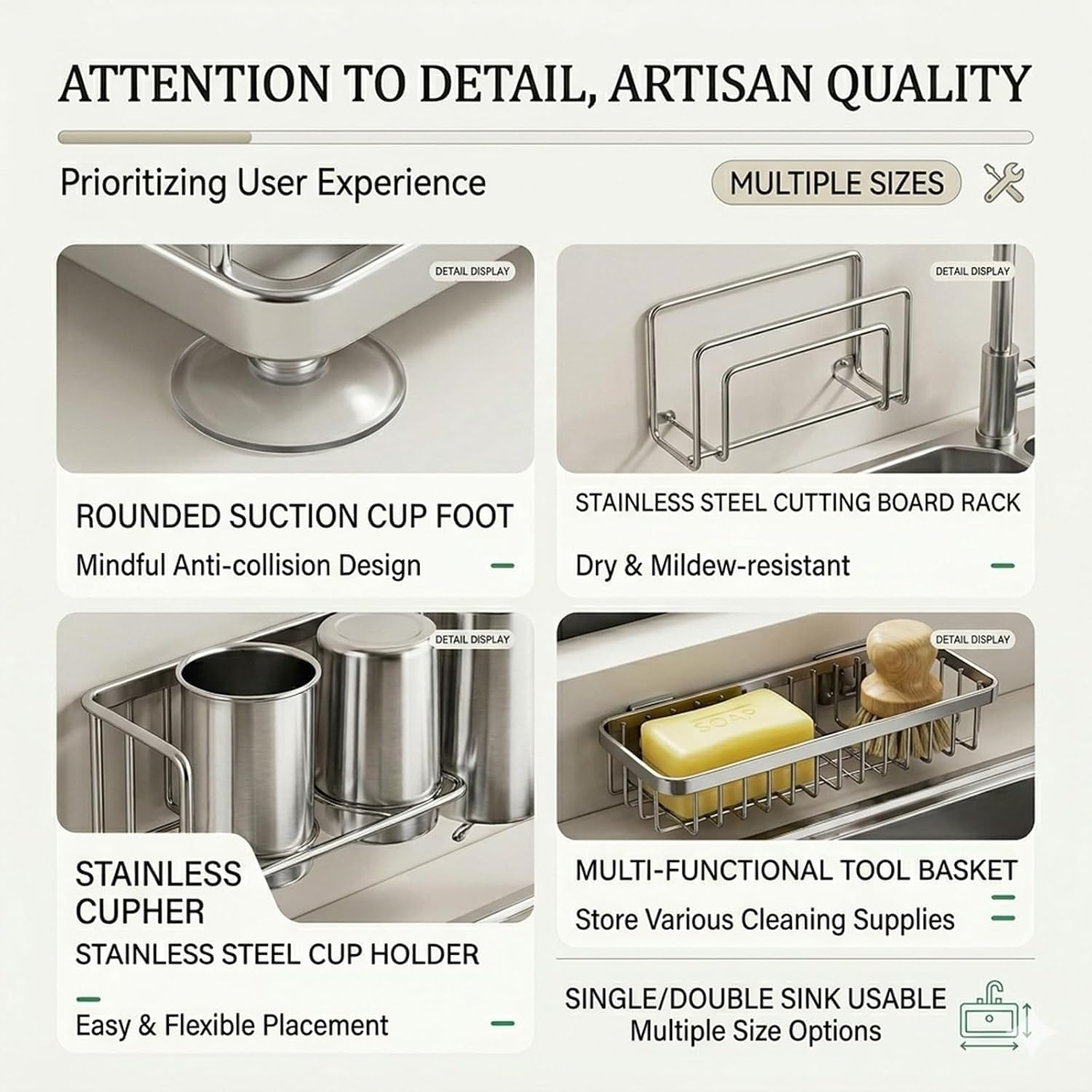 Escurridor de Platos de 2 Niveles para Colocar sobre el Fregadero con diseño extraíble, Acero Inoxidable 304, Bandeja recogegotas, Soporte para Platos y Tazas, 23/27/31/35 Pulgadas (27in/70cm)
