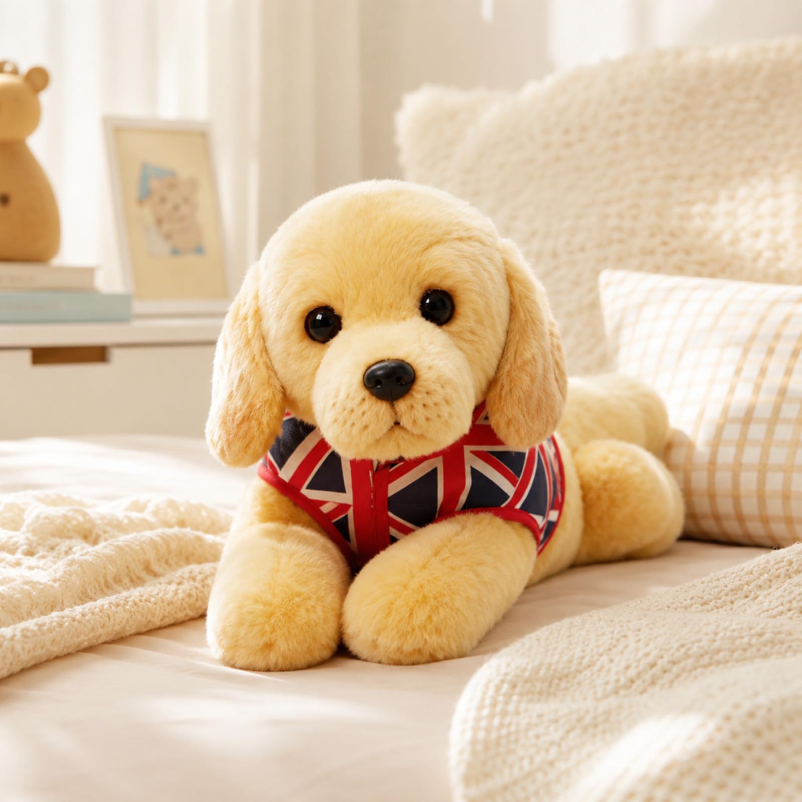 Labrador - Peluche per cani, con gilet Union Jack, realistico cucciolo dorato, morbida pelliccia sintetica e zampe ponderate, regalo souvenir britannico per gli amanti dei cani, 37 cm