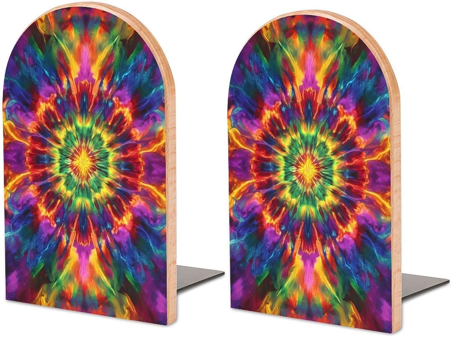 Psychedelics Tie-dye Cute Wood Book Ends Decorative Bookends 1 Pair Non-Skid for Shelves Home Office 7 X 5 Inch