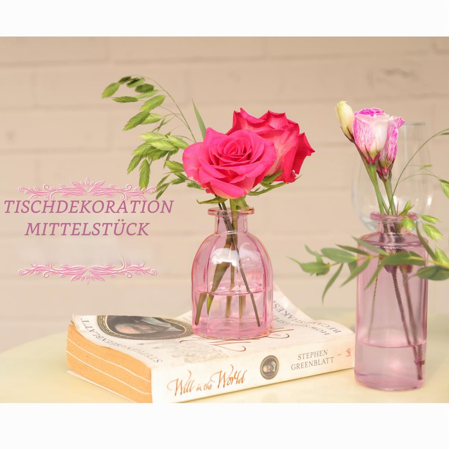 Pinke Vase, Knospenvasen, Set mit 12 Stück, kleine rosa Glasvasen für Blumen, Moderne gerippte Glasvase für Dekoration, Hochzeit, Blumenvase in Großpackung, Vintage-Dekor, Brautparty, Tafelaufsatz,