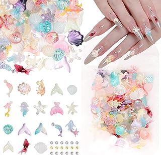 100 Pcs Ocean Sea Nail Charms, Summer Nail Art Charms, 3D Beach Starfish for Nails, Dolphin Shell Mermaid Tail Starfish Ocean Sea Summer Nail Charms for Acrylic Nail Art Supplies DIY Design