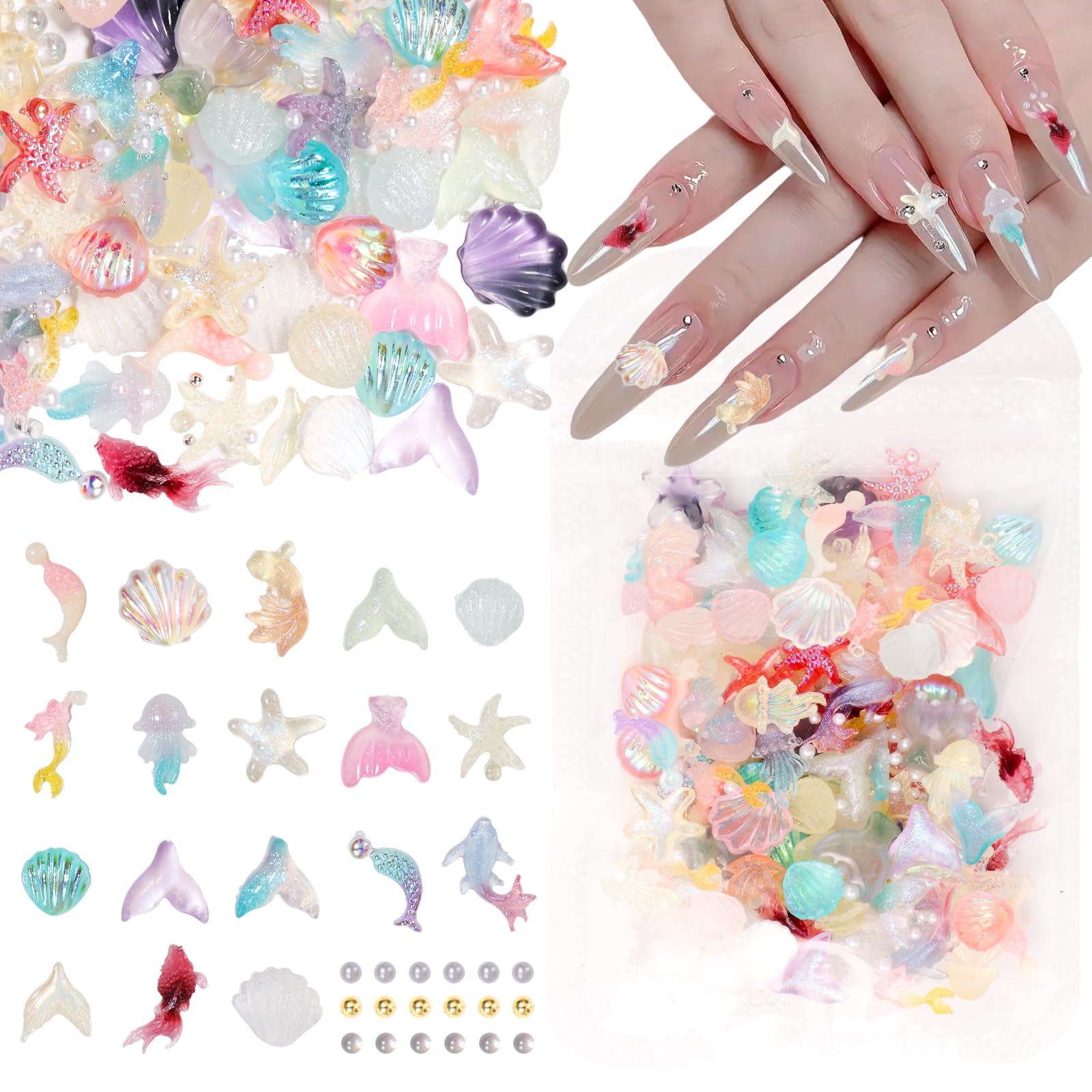 100 Pcs Ocean Sea Nail Charms, Summer Nail Art Charms, 3D Beach Starfish for Nails, Dolphin Shell Mermaid Tail Starfish Ocean Sea Summer Nail Charms