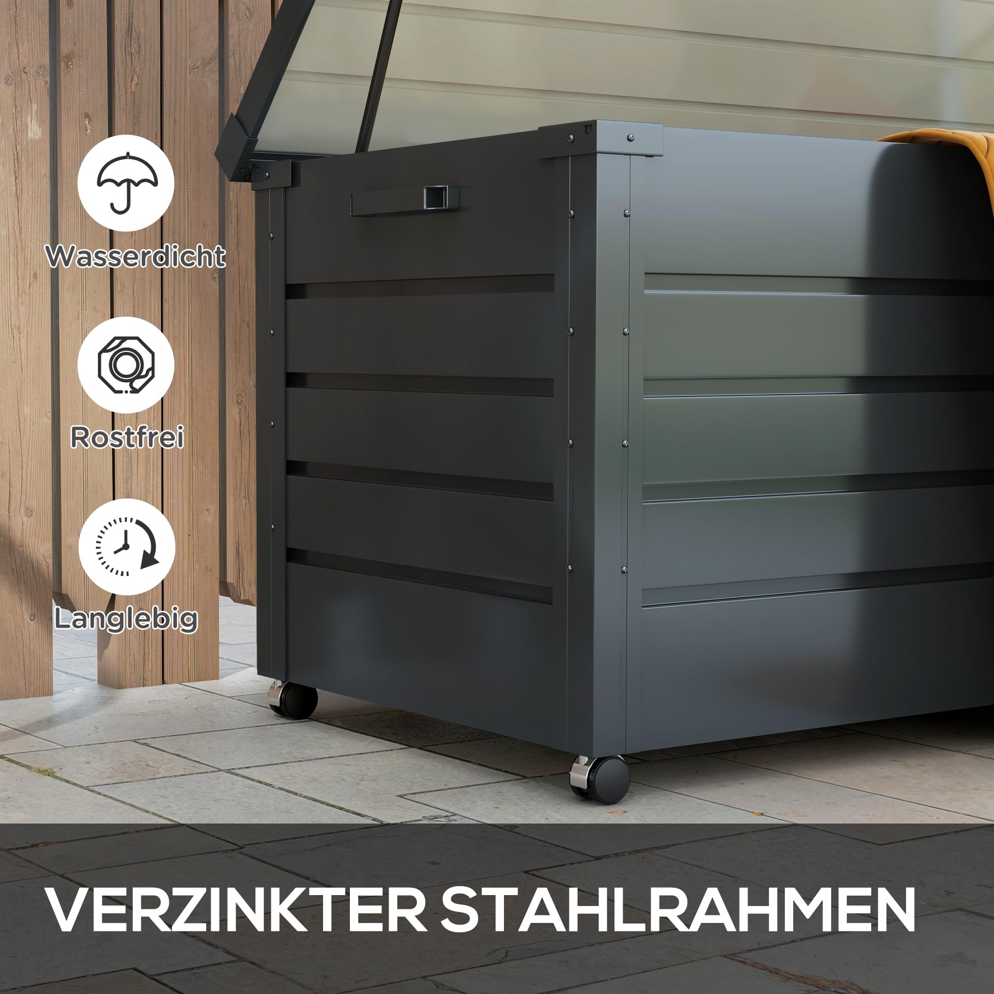 Outsunny Gartenbox Metall 311 Liter mit Griffen 120 x 62cm Dunkelgrau | Auflagenbox, Rollen, Schloss, Wasserdicht, Abschließbar, Gartentruhe, Outdoor Kissenbox, Wetterfest, für Garten Balkon