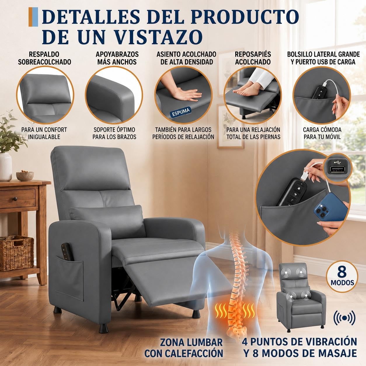 GarveeHome Sillón Relax Reclinable Eléctrico con Masaje y Calor | Respaldo alto ergonómico, Tapizado en piel sintética PU, Asiento acolchado, soporte lumbar, Puerto USB y bolsillos laterales