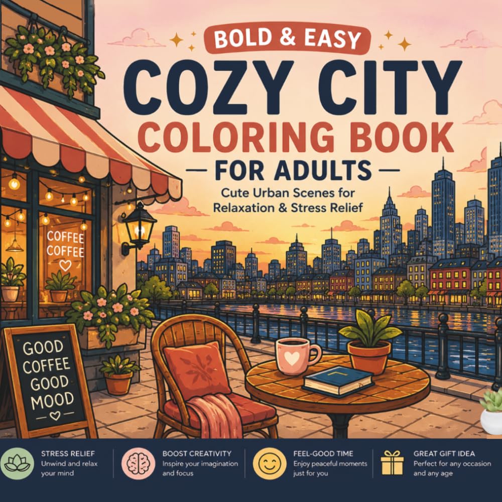 Cozy City Coloring Book for Adults, Bold & Easy: Cute Urban Scenes for Relaxation & Stress Relief | Simple City Escapes, Cafés, Bookshops & Cozy Everyday Moments (Cozy Coloring Collection)