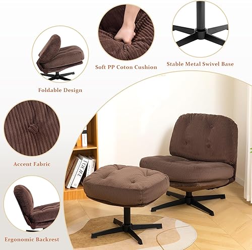 Miniatura 5 de HollyHOME Moderna silla giratoria de 360 con otomana, cómoda silla de lectura tapizada y reposapiés, silla perezosa de tela con cojín suave, sofá