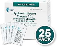 Vista 4 de Globe (Box 25 Crema de hidrocortisona al 1% de fuerza máxima, (paquete de 0.03 oz) Crema antipicazón para enrojecimiento, hinchazón, picazón