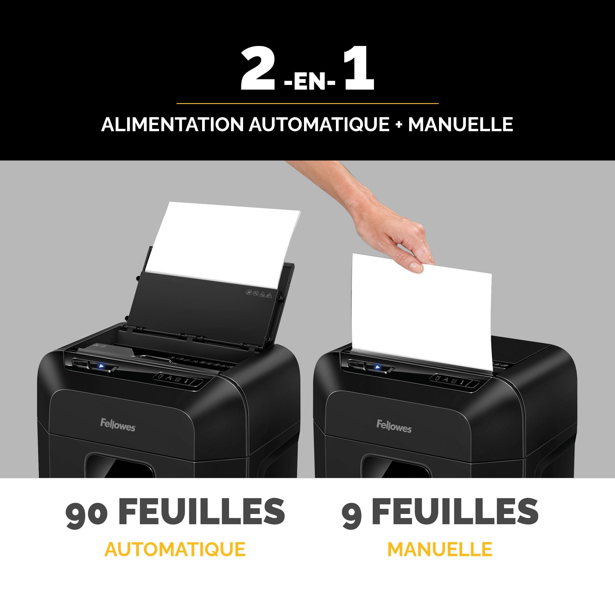 Fellowes Destructeur Hybride AutoMax 90M 90 Feuilles Automatique 9 Manuel P4 Sécurité 17 L Noir