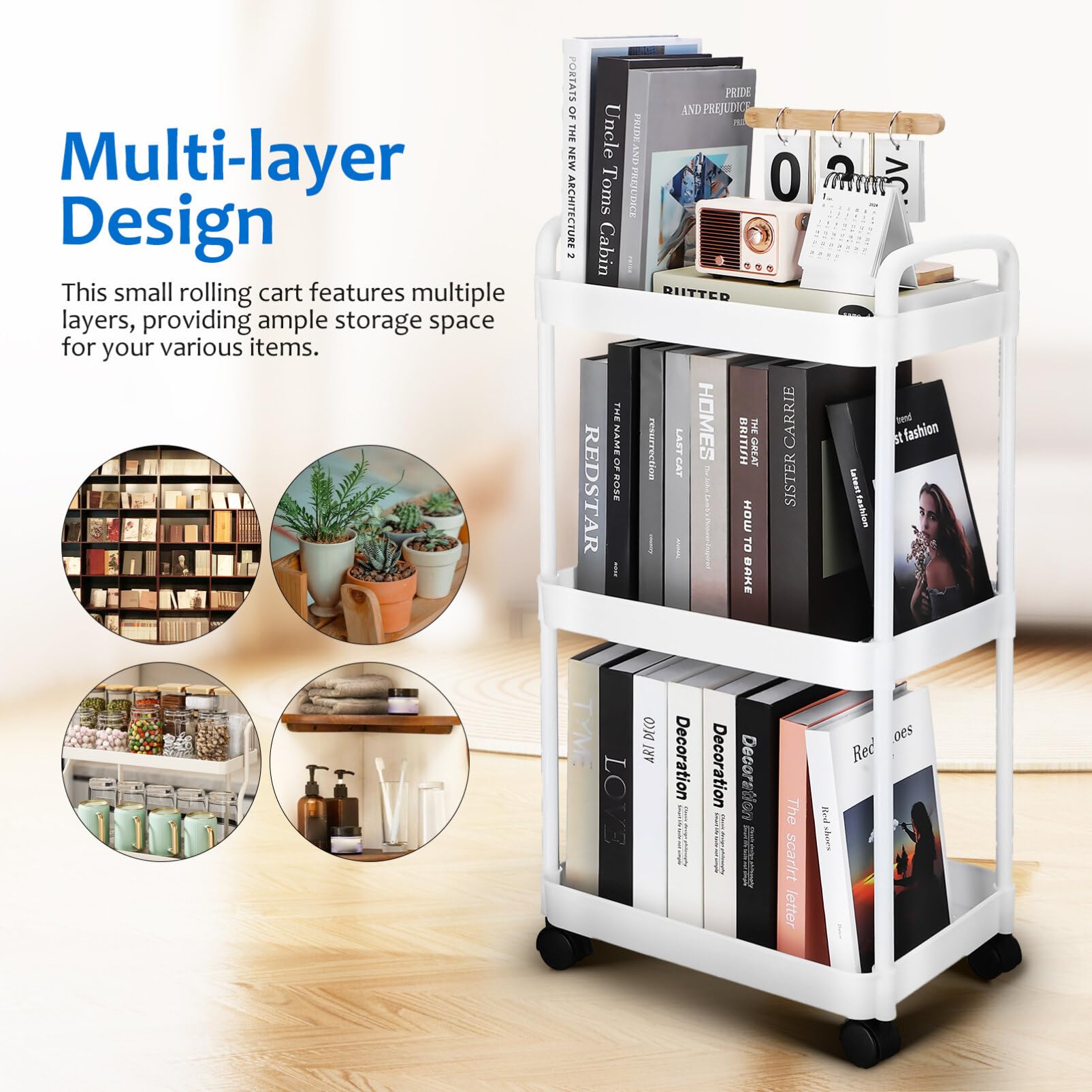 Carrito Organizador Ruedas de 3 Niveles, Plástico Blanco, Portátil | Diseño Simple y Elegante, Montaje Fácil, Amplio Espacio, Uso en Dormitorio y Habitación