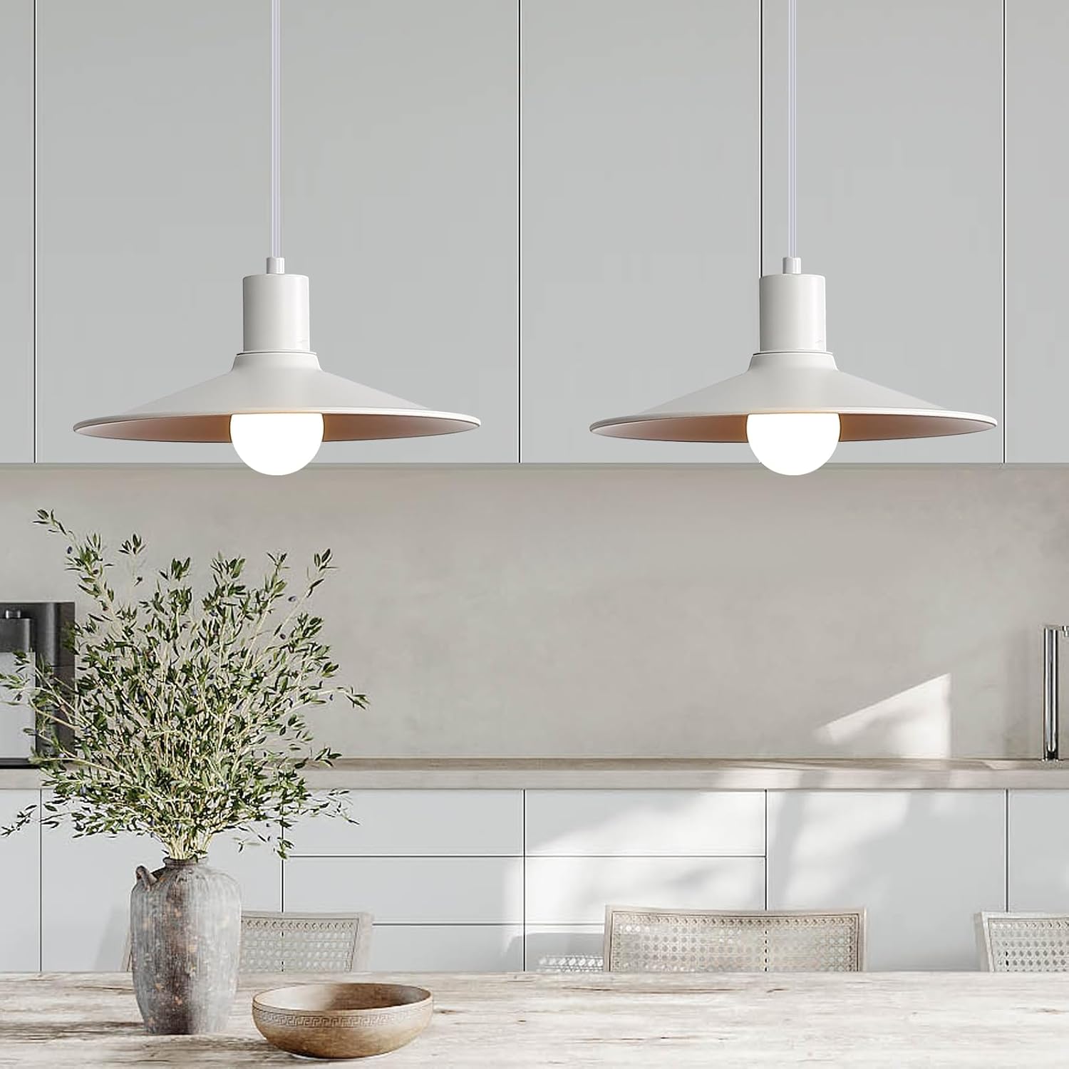 White Pendant Lights Kitchen Island 2 Pack, 11 Inch Round Pendant Light for Dining Room Small White and Gold Farmhouse Hanging Lamps Island Pendant Light Fixture for Kitchen, Dining Room