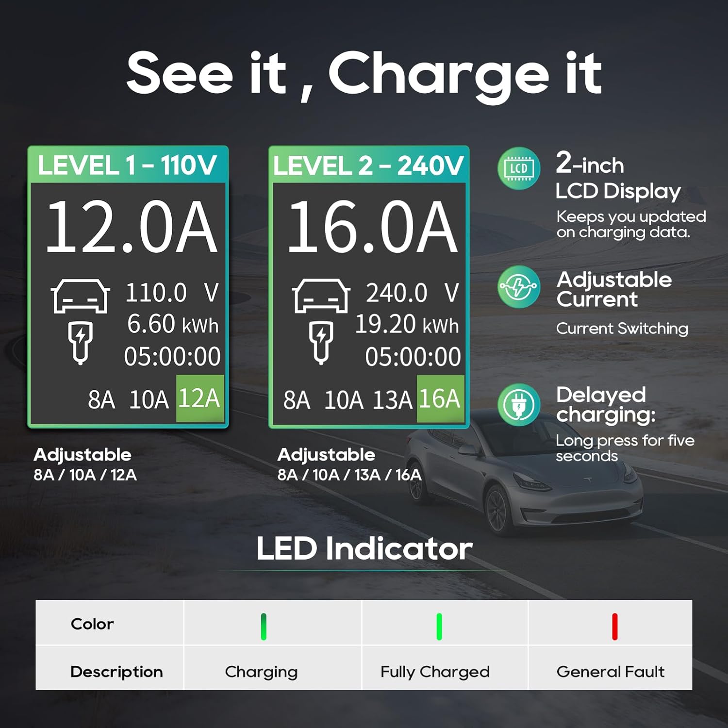 Level 1/2 Portable EV Charger for Tesla Model Y/3/S/X, Home 240V 16A (NEMA 6-20) & 120V 12A(NEMA 5-15 Adapter), Adjustable 8-16A, NACS, 25ft Cable, ETL Certified, LCD Display, Travel Bag