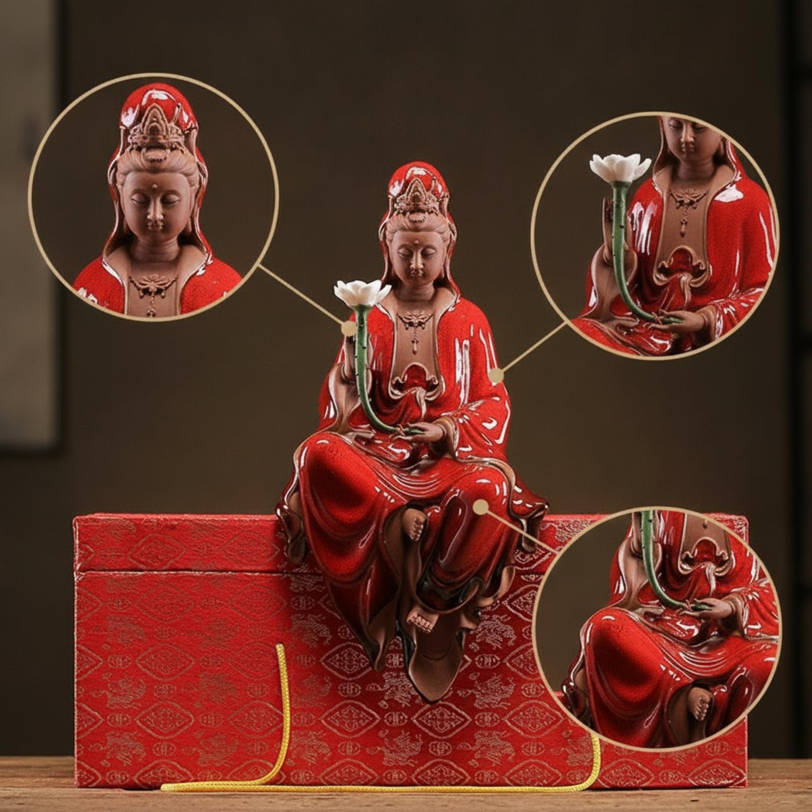 Figura Guanyin con Flor Figura Buda con Luz Flor para Altar, Gris, Guanyin con Loto, Gris Arena De Color