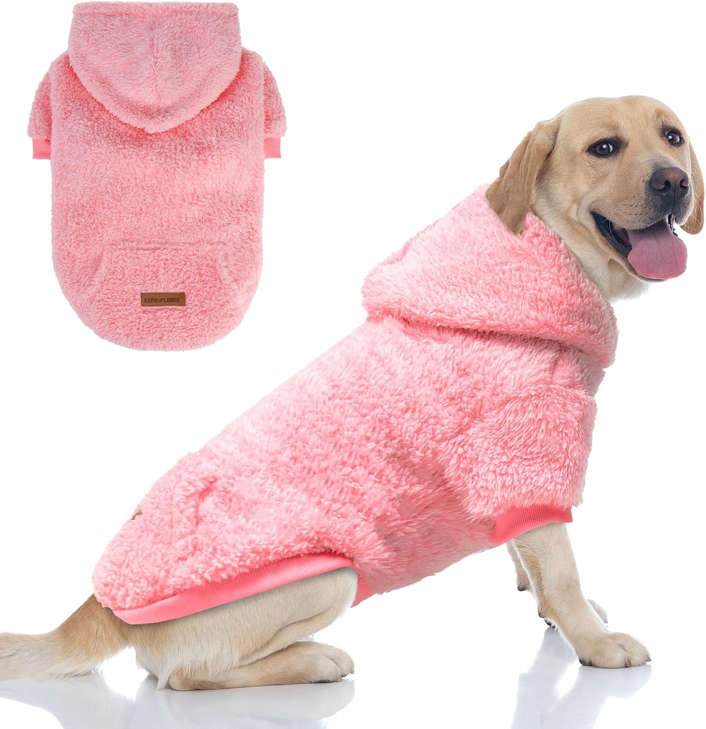 EXPAWLORER Fuzzy Dog Sweaters, Double-Sided Plush Fleece Soft Doggie Hoodie with Leash Hole, Pet Cold Weather Clothes Winter Coat, Sherpa Hooded Sweatshirt for Small Medium Large Dogs(Pink XL)