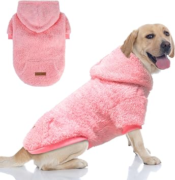 EXPAWLORER Fuzzy Dog Sweaters, Double-Sided Plush Fleece Soft Doggie Hoodie with Leash Hole, Pet Cold Weather Clothes Winter Coat, Sherpa Hooded Sweatshirt for Small Medium Large DogsPink M