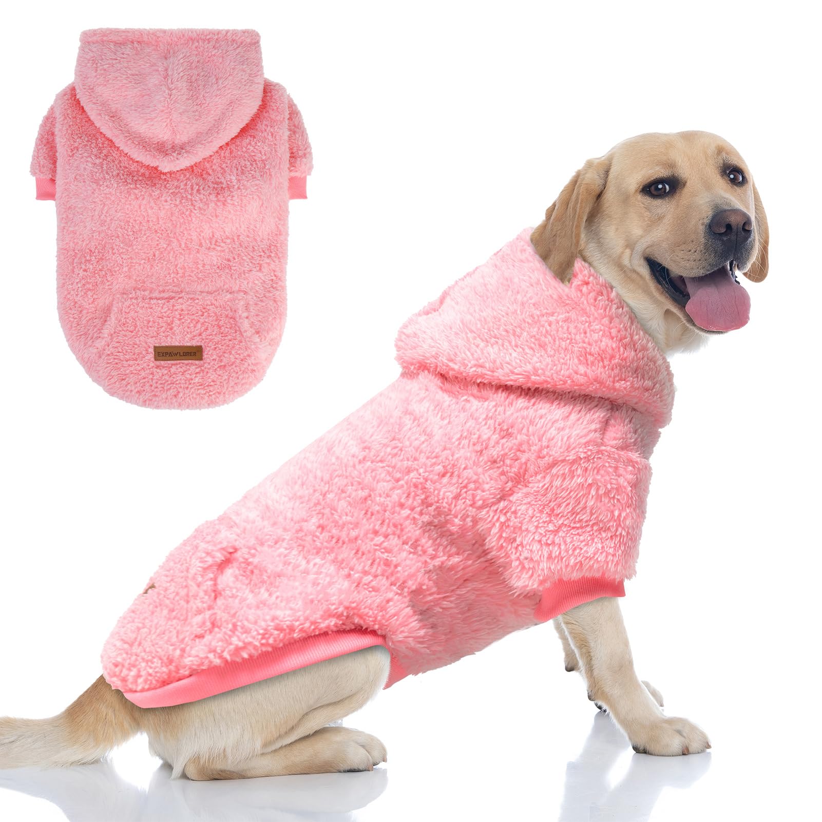 EXPAWLORER Fuzzy Dog Sweaters, Double-Sided Plush Fleece Soft Doggie Hoodie with Leash Hole, Pet Cold Weather Clothes Winter Coat, Sherpa Hooded Sweatshirt for Small Medium Large Dogs(Pink S)