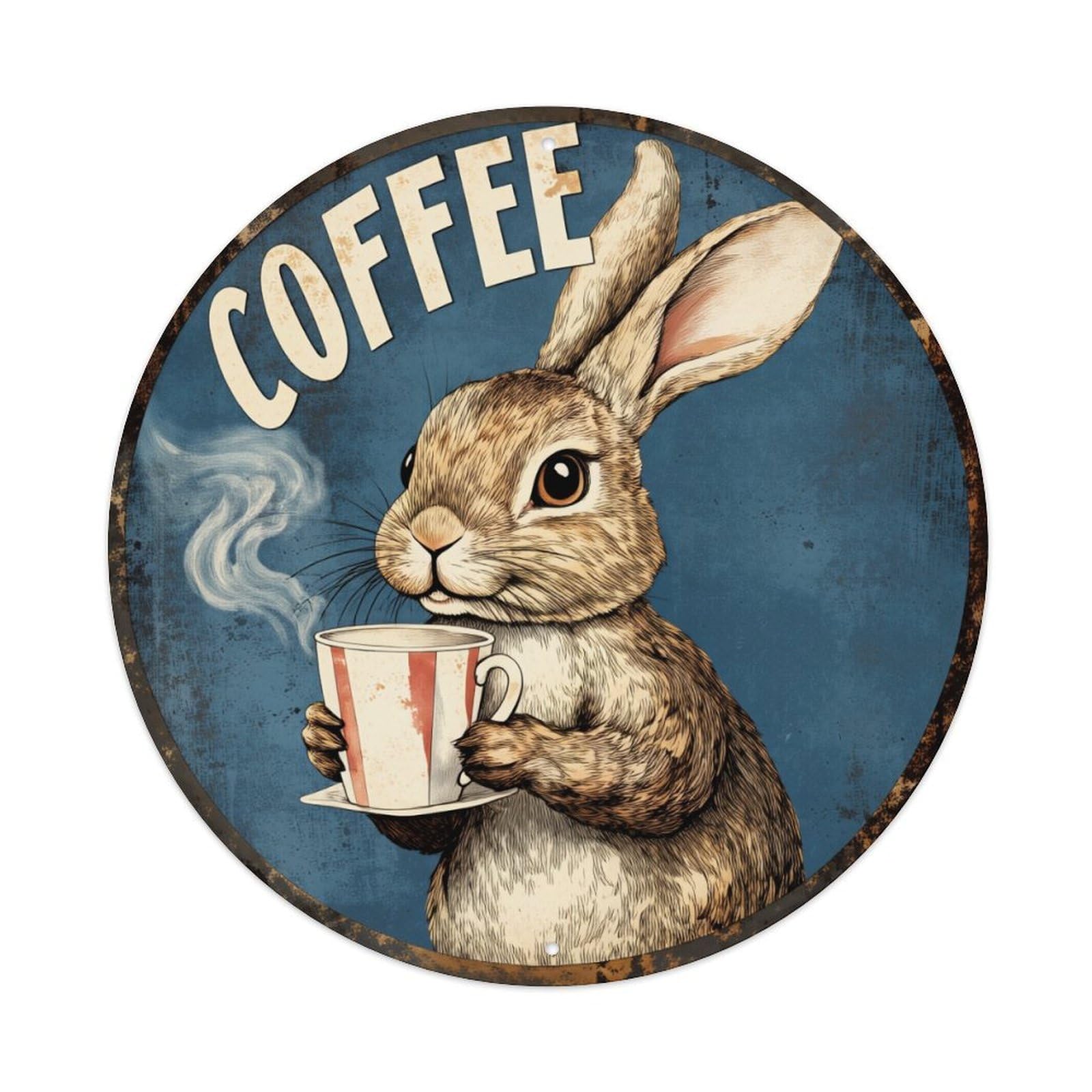 Rabbit Holding Coffee Cup Steam Round Tin Sign Retro Metal Sign for Cafe Bar Pub Home Game Room Gym Club Wall Decoration Vintage Metal Poster 8x8 Inch