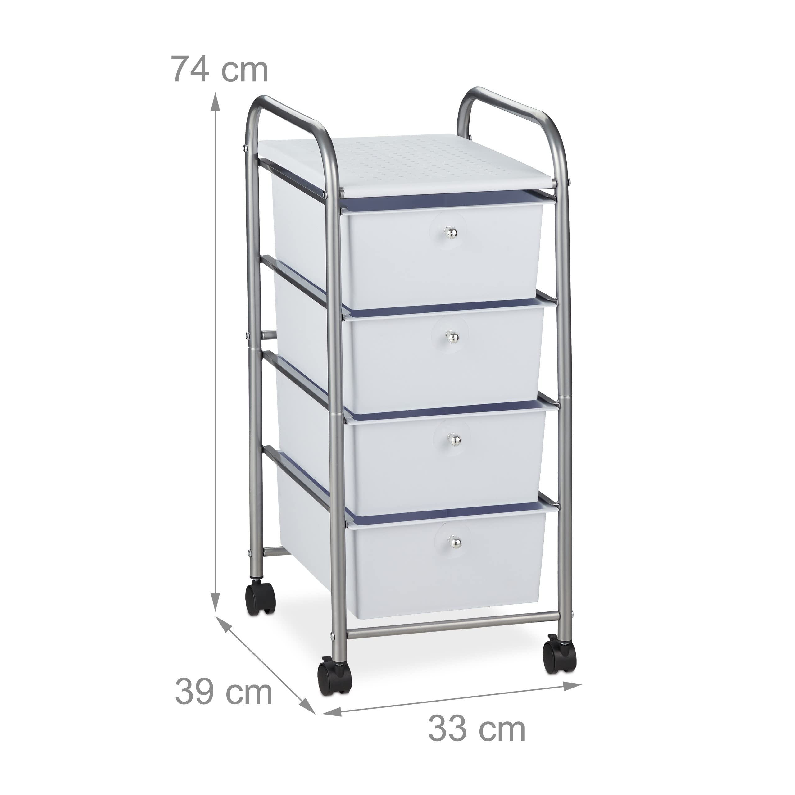 Relaxdays Chariot sur Roues pour Bain, 4 tiroirs, métal et Plastique, cosmétiques, 74 x 33 x 39 cm, Choix de Couleurs