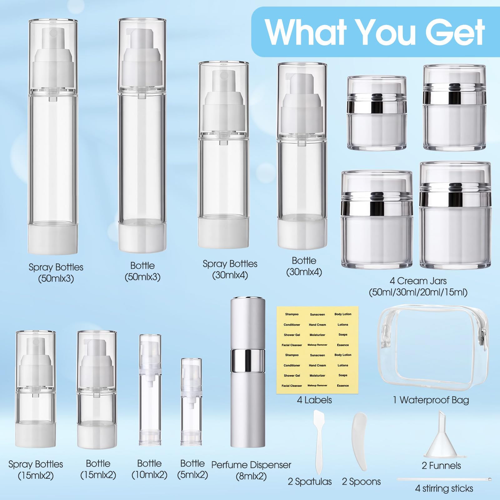 Meanplan Airless-Pumpdosen-Set, 43 Stück, 48,2/28,3/19,8/14,2/9,64/4,82 g, transparente Hautpflegebehälter mit Etikettenbeutel, nachfüllbar, Make-up, Hautpflege, Reisegröße, leere Flaschen für