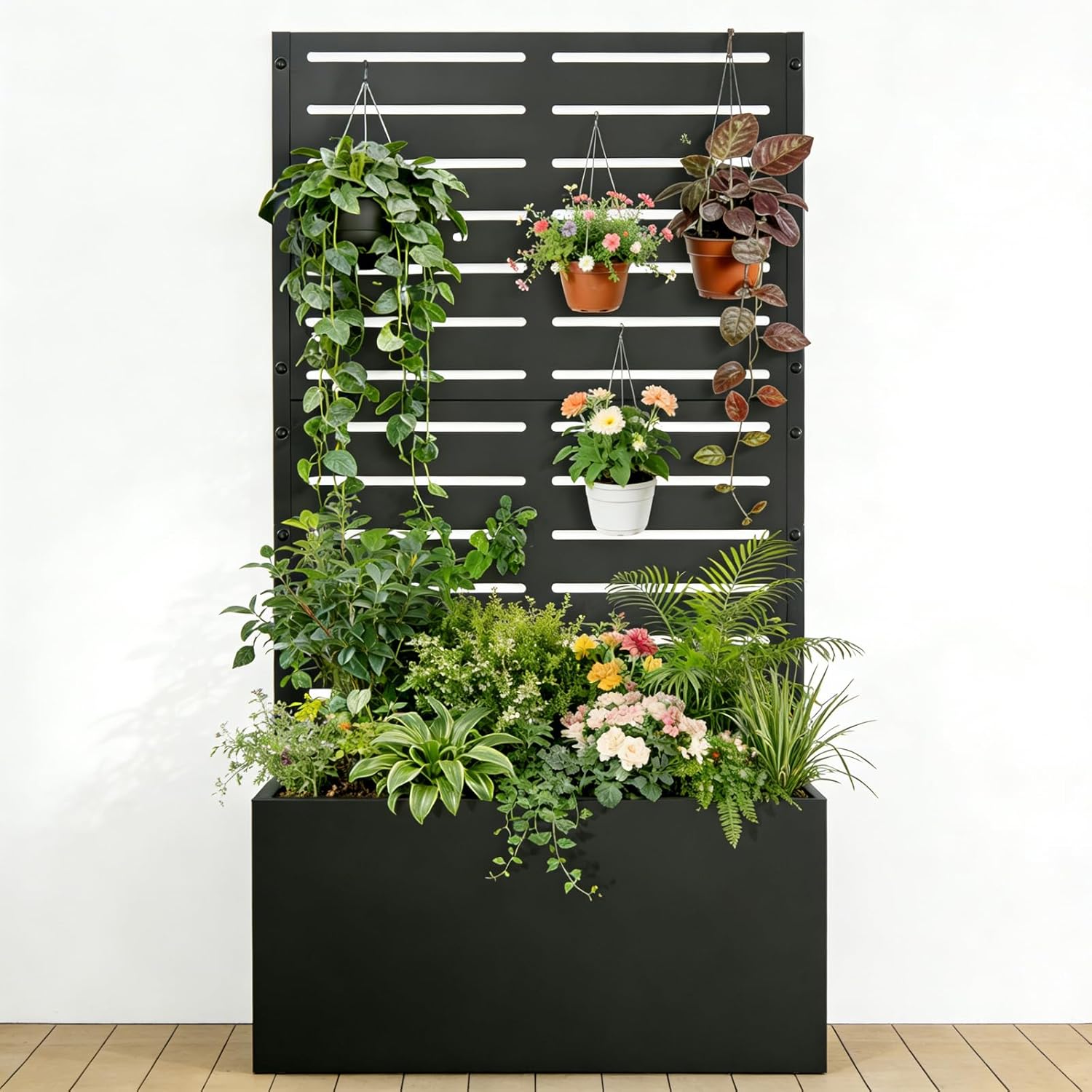 Baotree Metal Raised Garden Bed with Trellis and Wheels, 47"x24"x12" Planter Box for Climbing Plants, Vegetables & Vines, Features Drainage Holes and Privacy Screen (Black-Louvered)