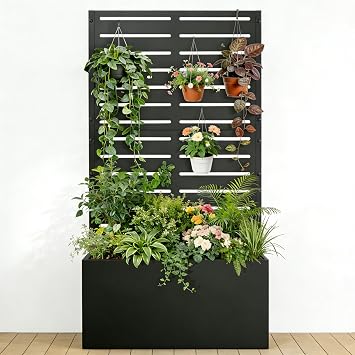 Baotree Metal Raised Garden Bed with Trellis and Wheels, 47"x24"x12" Planter Box for Climbing Plants, Vegetables & Vines, Features Drainage Holes and Privacy Screen Black-Louvered
