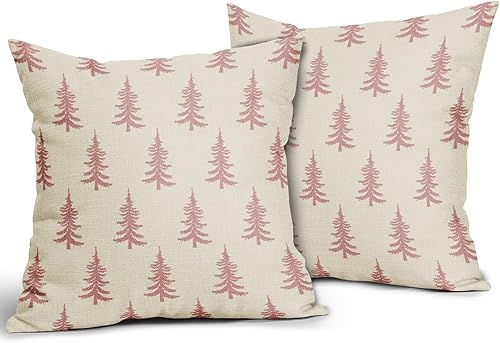 Miniatura 2 de Juego de 2 fundas de almohada de árbol de Navidad de 18 x 18 pulgadas, color rosa, estilo rústico, para invierno, fundas decorativas para