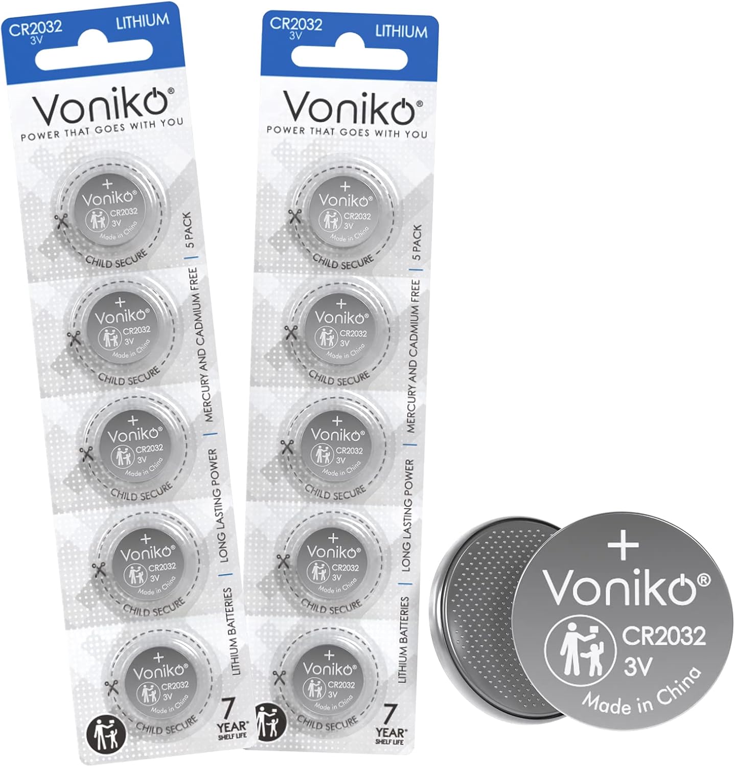 Voniko CR2032 3V Lithium Batteries 10 Pack for Child Safety, Compatible with AirTag, Key Fobs, Thermometers, Scales – 7 Years Shelf Life