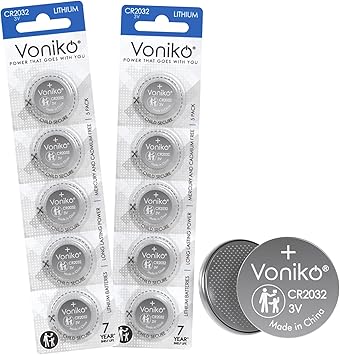 Voniko CR2032 3V Lithium Batteries 10 Pack for Child Safety, Compatible with AirTag, Key Fobs, Thermometers, Scales 7 Years Shelf Life