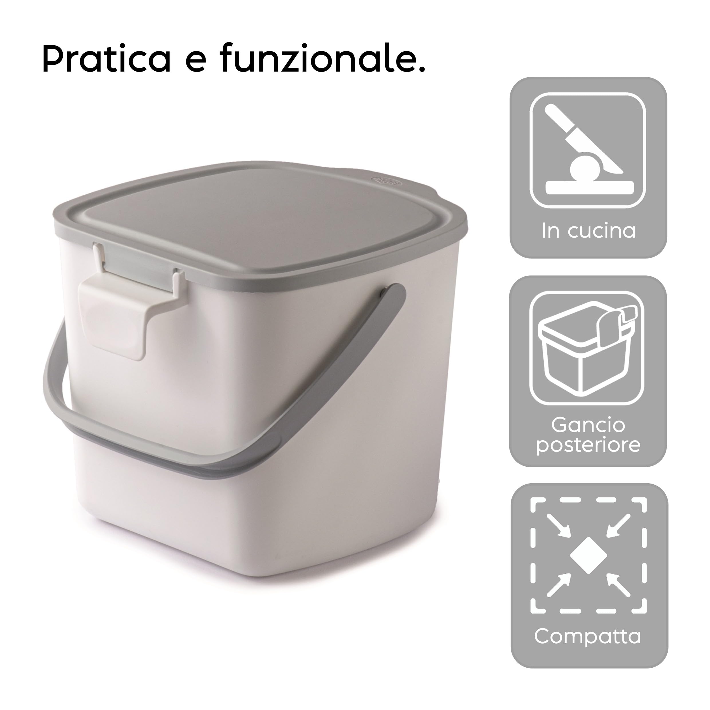 Poubelle Compost Cuisine avec Couvercle et Poignée 3L, Composteur Cuisine, 20,5 x 18,5 x 16,7 cm, Blanche Made in Italy