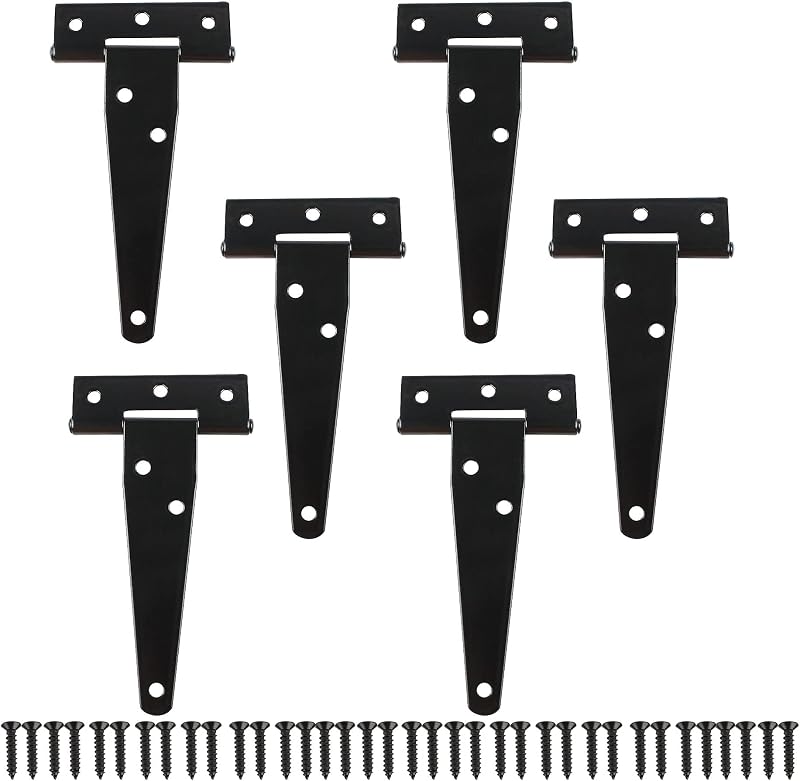 6 Pcs 4 Inch T-Strap Light Duty Barn Door Hinges for Shed Gate | Strap Wooden Fence Yard Hinge Black Outdoor Tee Hinge Wrought Hardware Iron Rustproof