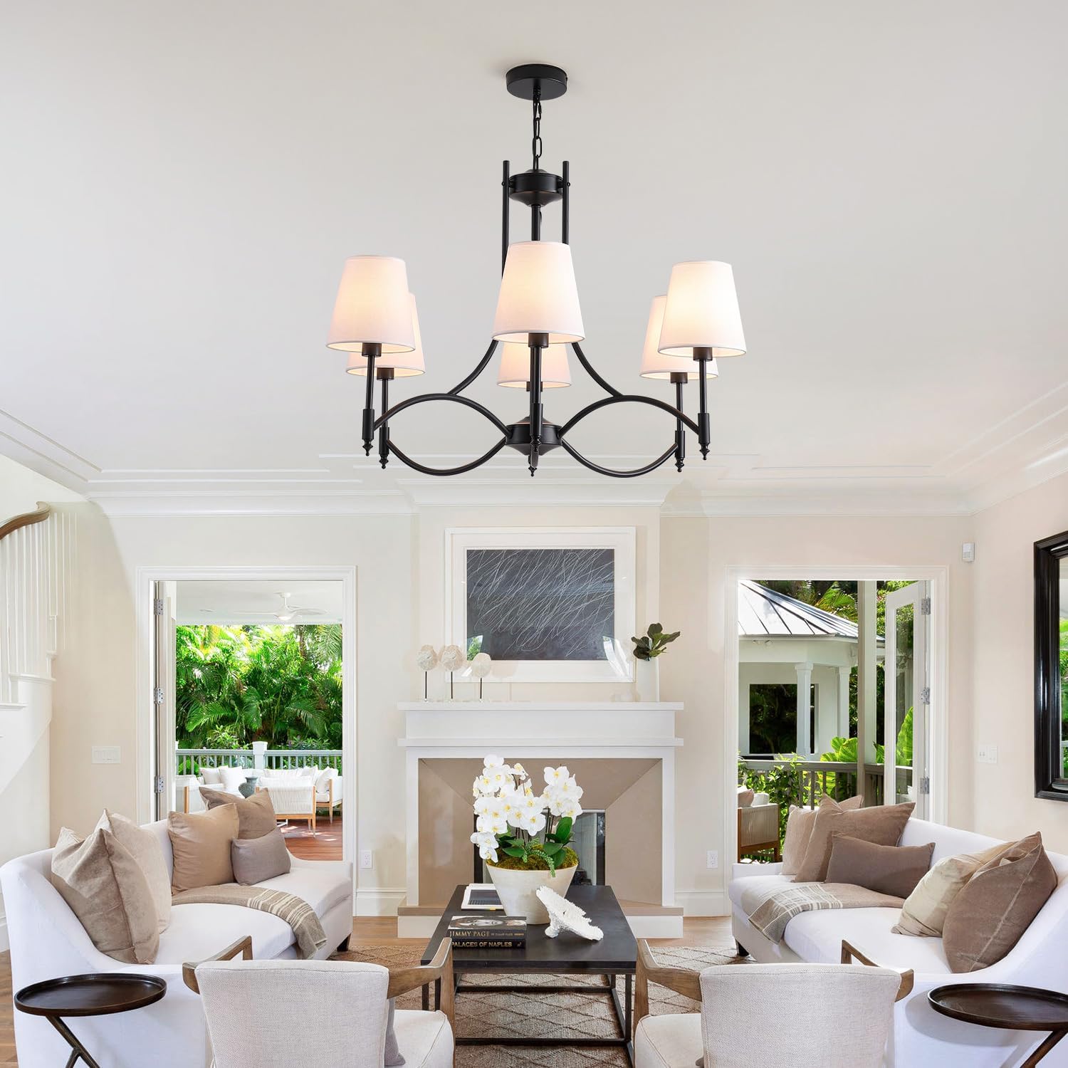 Black Farmhouse Chandelier for Dining Room， 6-Lights with White Fabric Shade Dining Room Light Fixtures，Rustic Industrial Chandelier for Living Room Kitchen Island Foyer