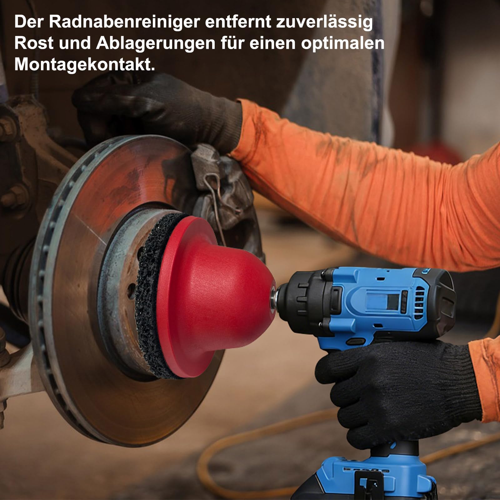 Radnabenschleifer mit 2x Schleifscheiben, Nabenreiniger inkl. Adapter für Akkuschrauber, Rostentferner Kugelkopfschleifer mit 1/2"-Antrieb, 2x Silizium-Karbid-Scheibe Ø 150 mm für Felgenreinigung