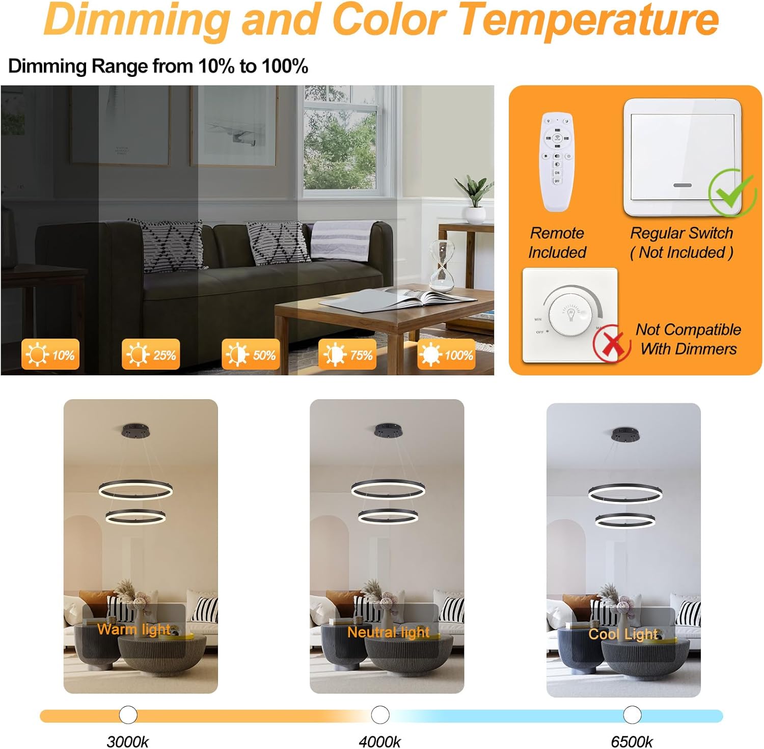 2-Rings Chandelier Black Modern LED Chandeliers for Dinning Room, Dimmable Round Hanging Light with Remote Control Circular Pendant Lighting for Kitchen Island Living Room Entryway, 3000K-6500K