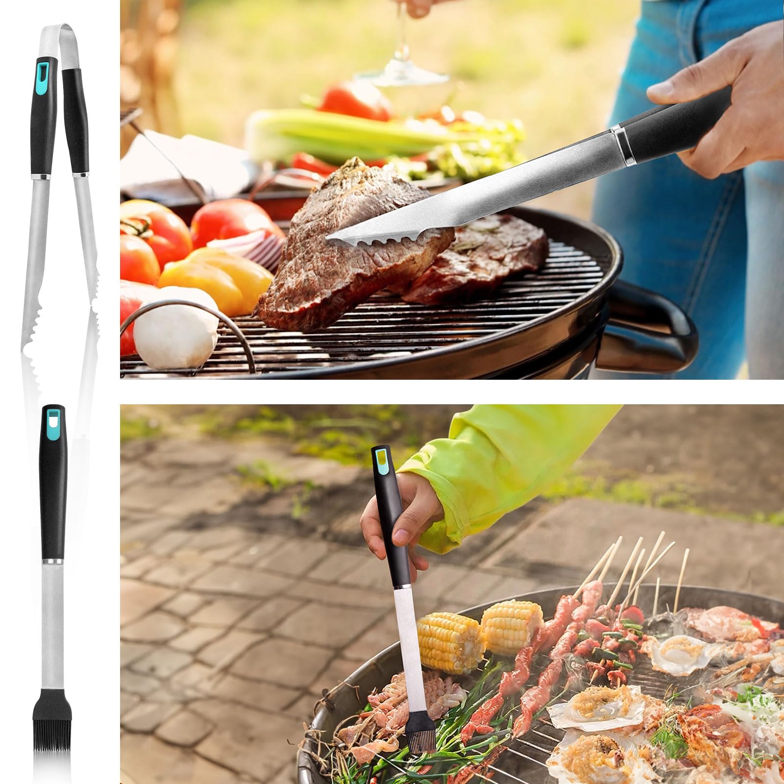 XSSIVE Juego de 5 herramientas para barbacoa con bolsa de almacenamiento, espátula, tenedor, pinzas, cepillo para untar y limpiador para cocinar al aire libre