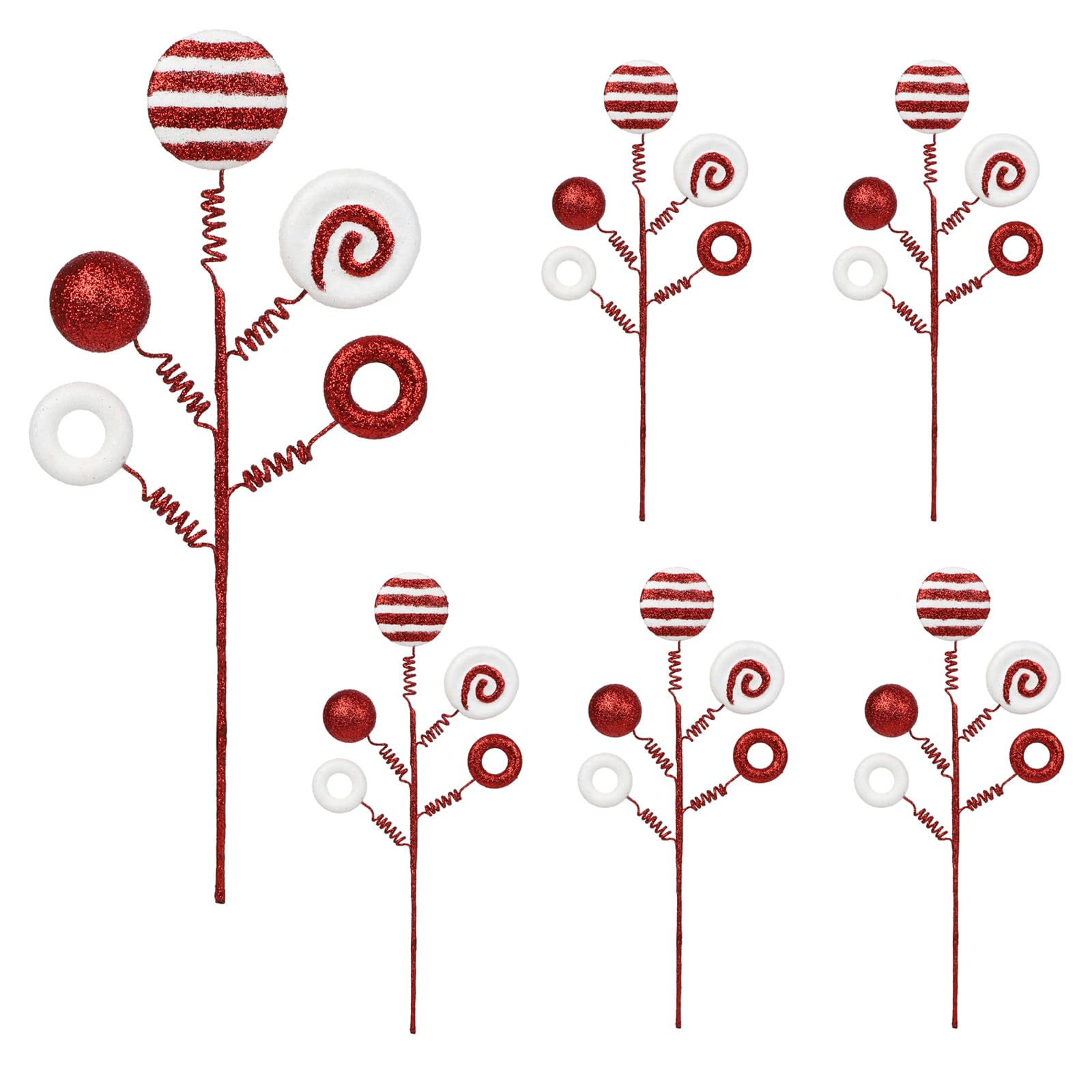 MANMAOHE 6 PCS 16.5 Inch Glitter Christmas Picks and Sprays Christmas Candy Stems Peppermint Lollipop Picks Christmas Tree Topper Christmas Floral