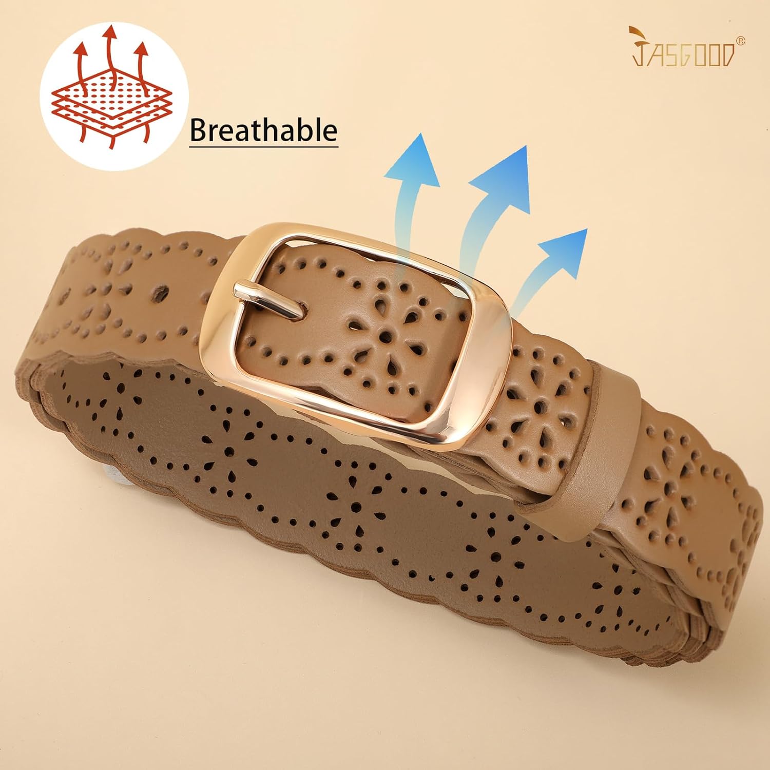 JASGOOD Leather Belt for Women Hollow Flower Leather Belt for Jeans Pants Fashion Waist Belt with Gold Buckle - Image 2