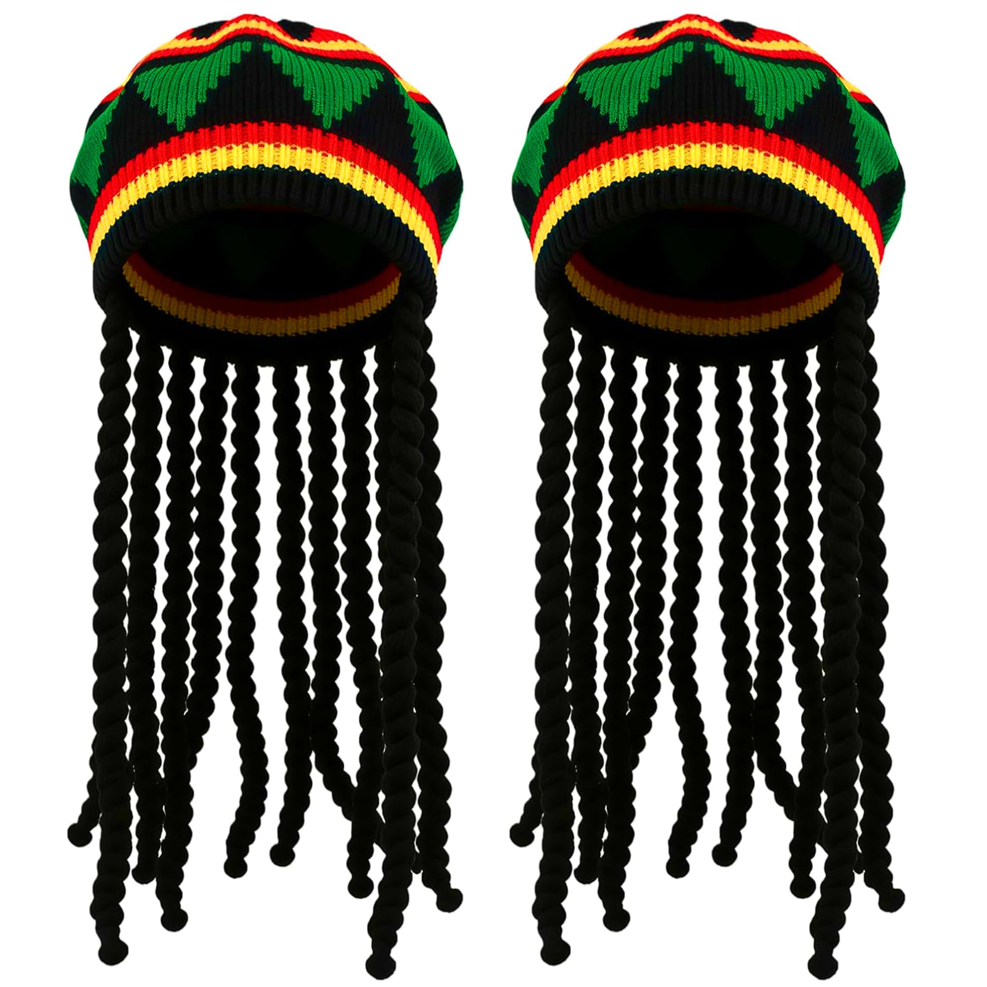 Jamaican Rasta Hat with Long Hair - Rastafarian Caribbean Beanie Hat with Dreadlocks Halloween Fancy Dress Party Accessories, 2 Pack