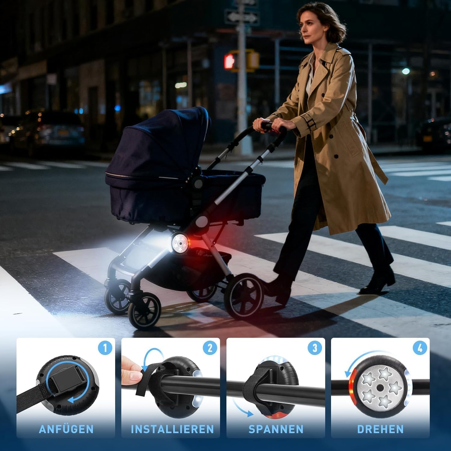 Kinderwagen Licht Aufladbar, Kinderwagenlicht(2 Stück), Kompakt und Wasserdicht, USB Wiederaufladbares Lichts, Passend für Alle Kinderwagen(Schwarz)