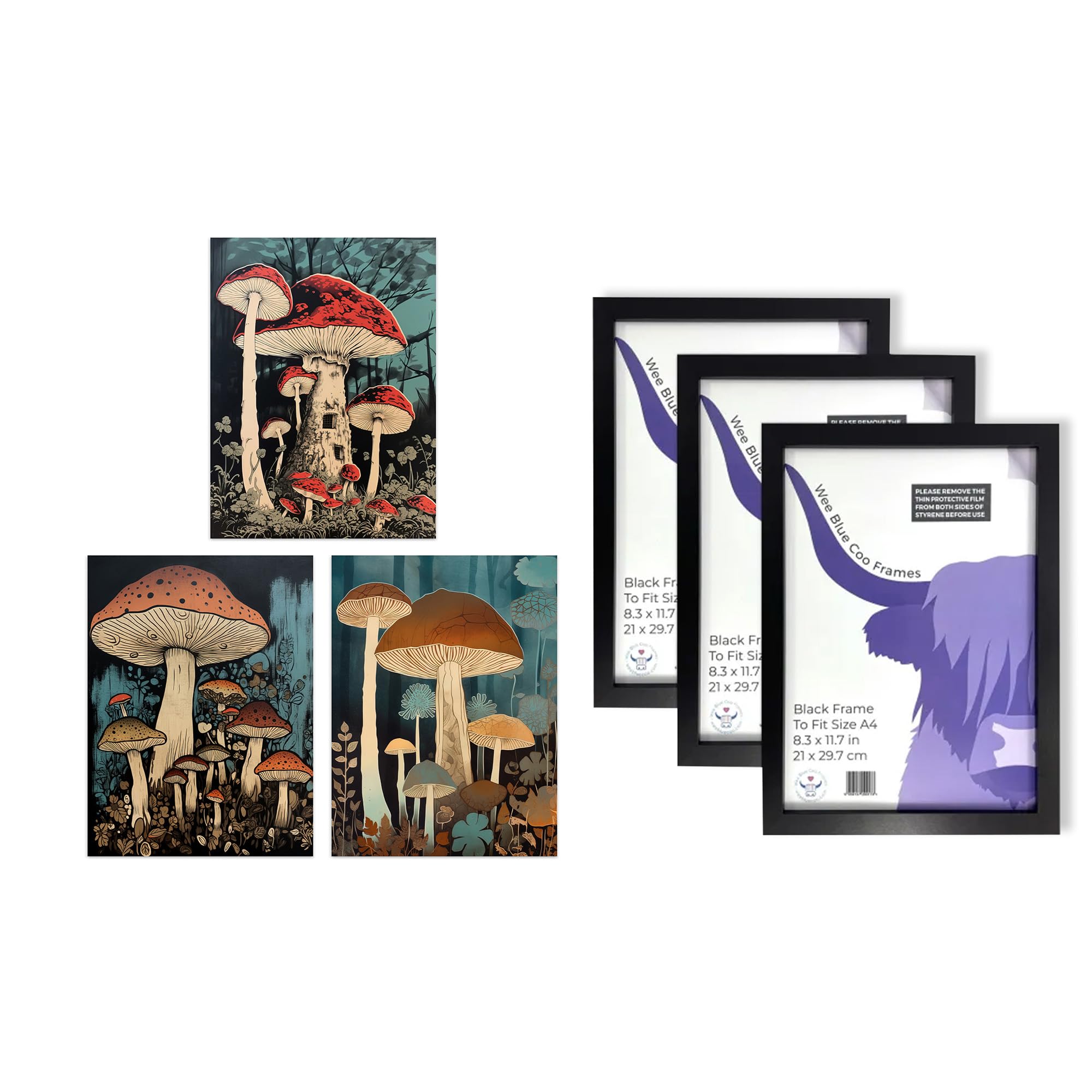 Artery8 Mushroom Wall Art - Set of 3 A4 Sized Art with Black Frames - Cep Fungi Paintings Forest Floor Earthy Calming Tones Botanical Aesthetic