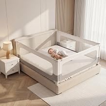 3 Piece Bed Rails for Toddlers, Queen Size Bed Rails for Babies, No-Drill Needed with Height Adjustable, Thickened Child Safety Side Railing Guards/Bedrail for Kids, White/Grey, 60x78.7x78.7in