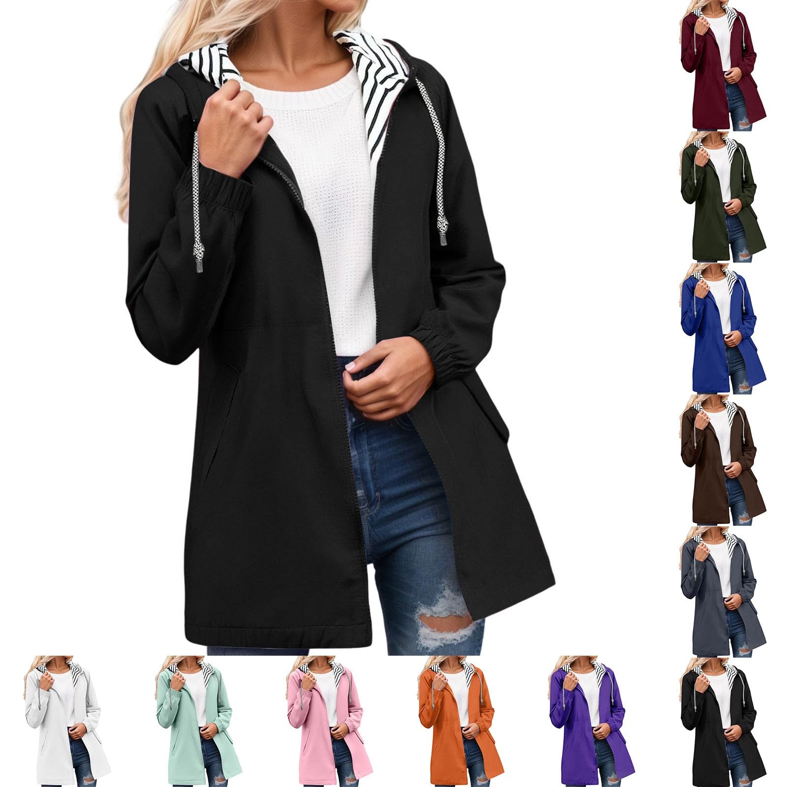 Veste Imperméable Femme Mi-Longues Manteau De Pluie Travail Manteaux À Capuche Veste Mi Saison Avec Poches