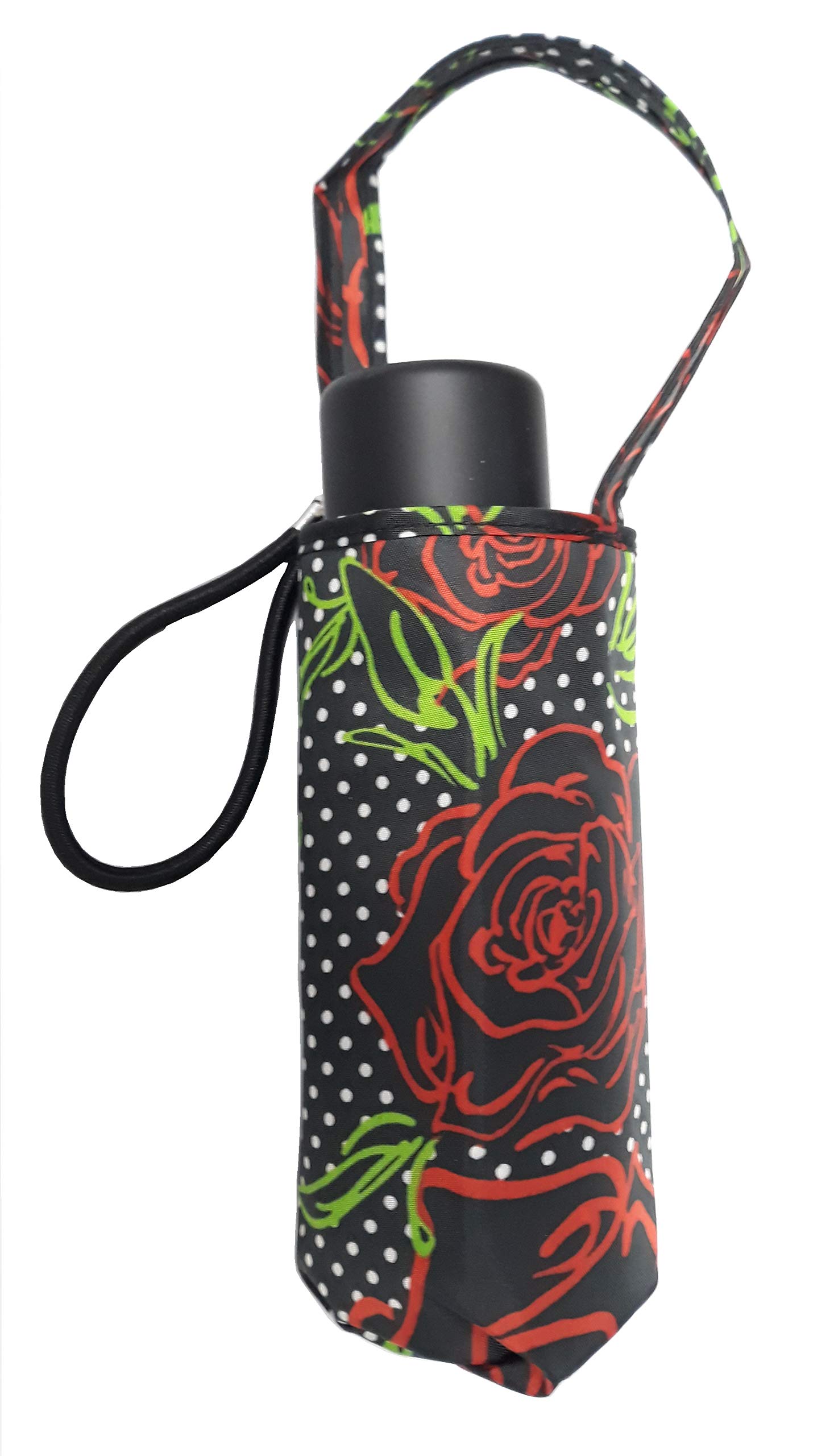 Totes Micro Mini Manual Umbrella, NeverWet technology, Black With Red Rose Outline,