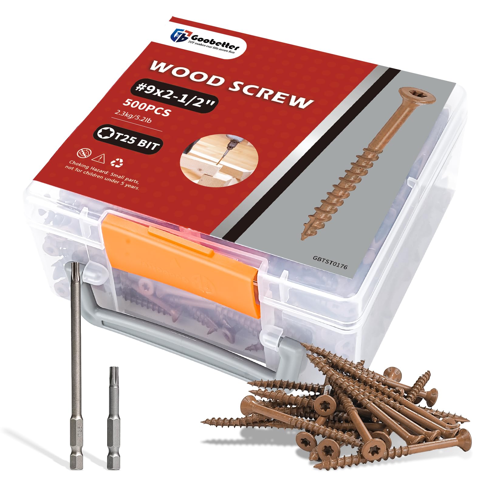 Goobetter Deck Screws 2 1/2 inch, 500 Pcs Wood Screws #9 x 2-1/2", Rust Resistant, Construction Fence Exterior Screws, Torx Head Drive, 2 Pcs T25 Star
