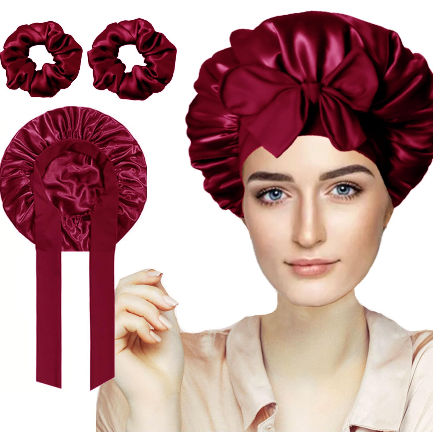 FZHGVML Silk Hair Bonnet for Sleeping with Tie, Double-Sided Satin Silk Bonnet for Women & Girls Curly Hair Care, Adjustable Wide Elastic Band Sleep Cap Hair Wrap for Sleeping with 2 Scrunchies
