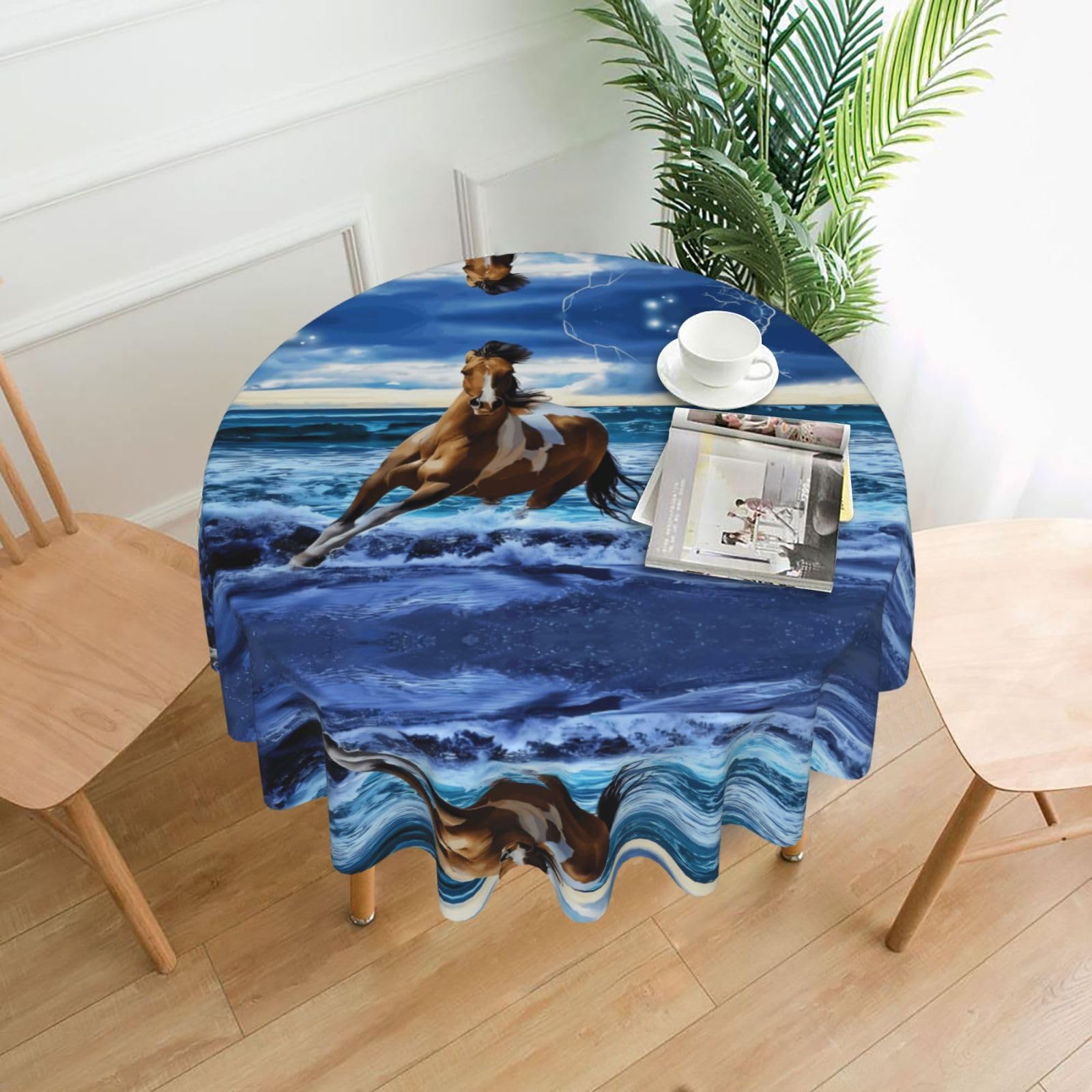 WHJSSF Running Horse Prints Round Decorative Table Throw 60 Inch – Waterproof Table Cover for Dining, Coffee Tables, and Outdoor Events