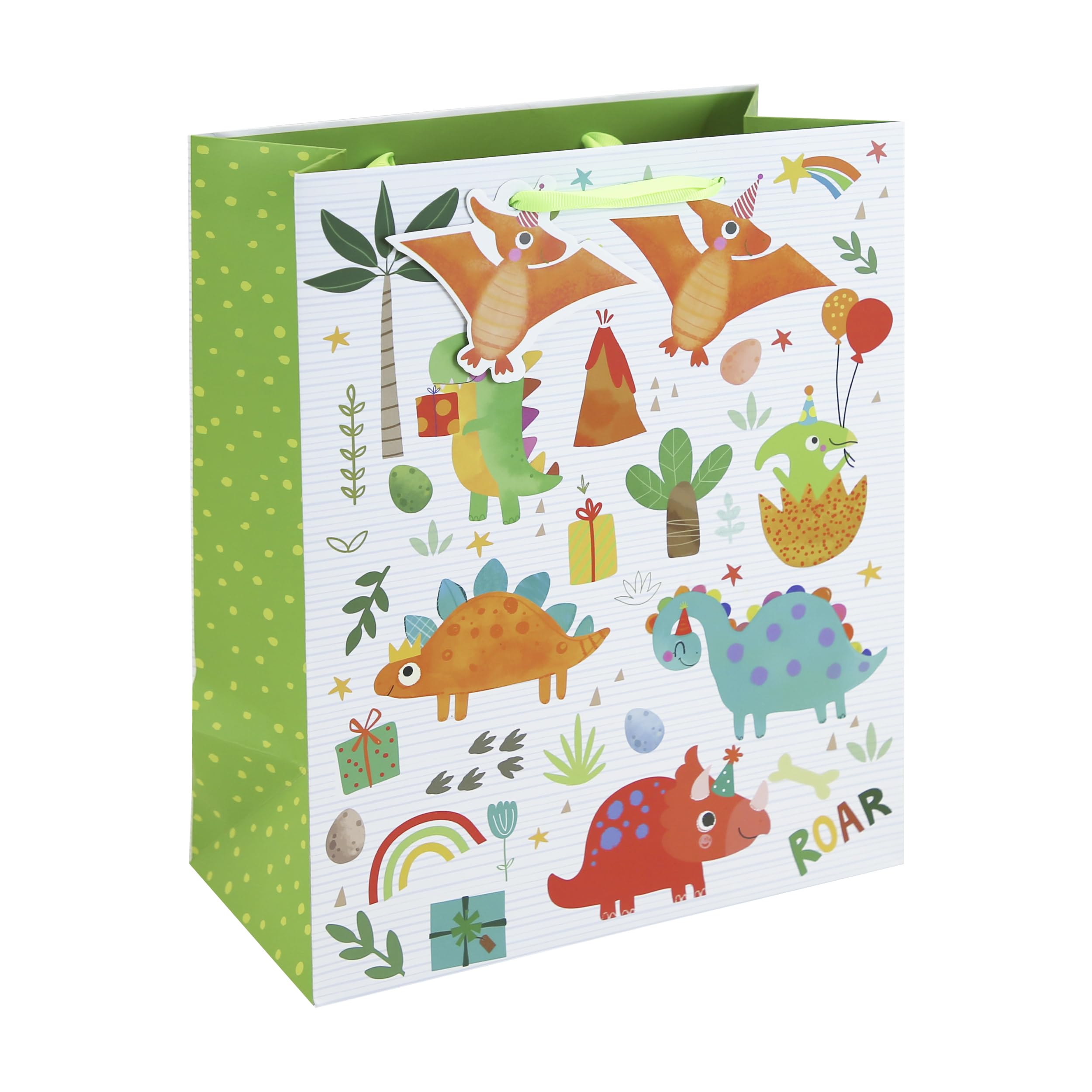 Eurowrap Dinosaur Large Gift Bags Pack of 3 – Colourful Dino Present Bags with Party Illustrations, Yellow Inside Print with Stars, Ribbon Handles & Tags – Birthday & Celebration Gift Packaging