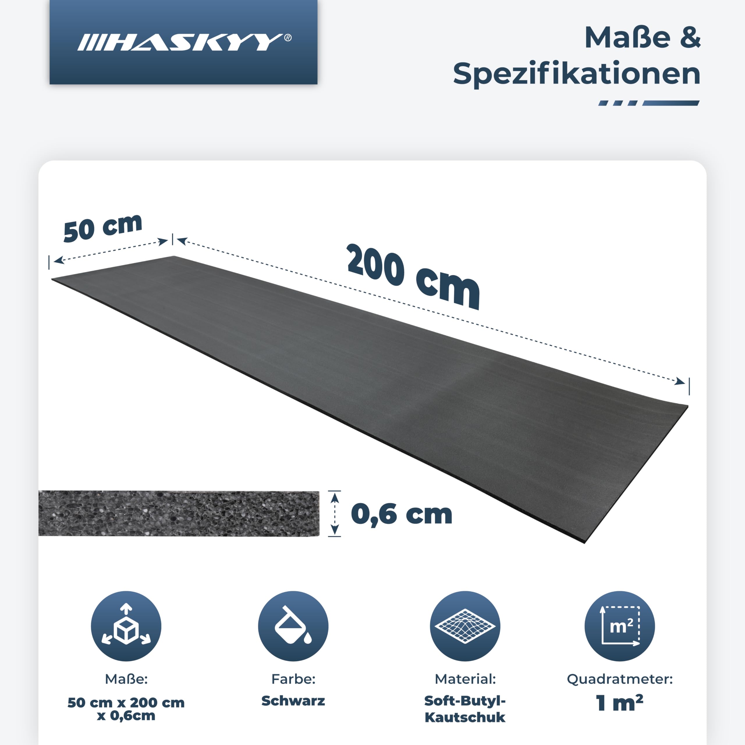 HASKYY 1 m² Premium isolatiemat, akoestische mat, zelfklevend, auto, caravan, geluidsisolatiemat, schuimrol, matrol, 50 x 200 x 0,6 cm, brandwerend, waterdicht, schuimstofplaat, moosgummi